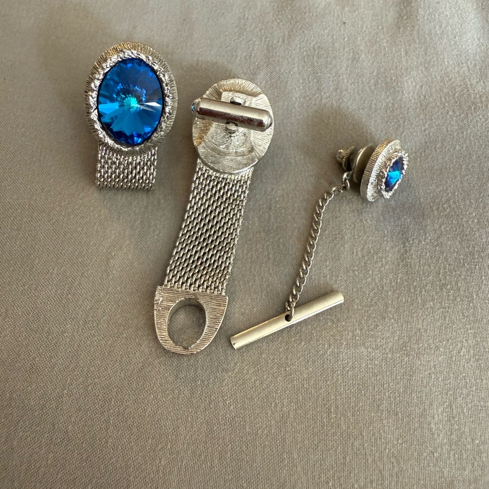 Silver and Blue Vintage Cufflinks and Tie Clip Set